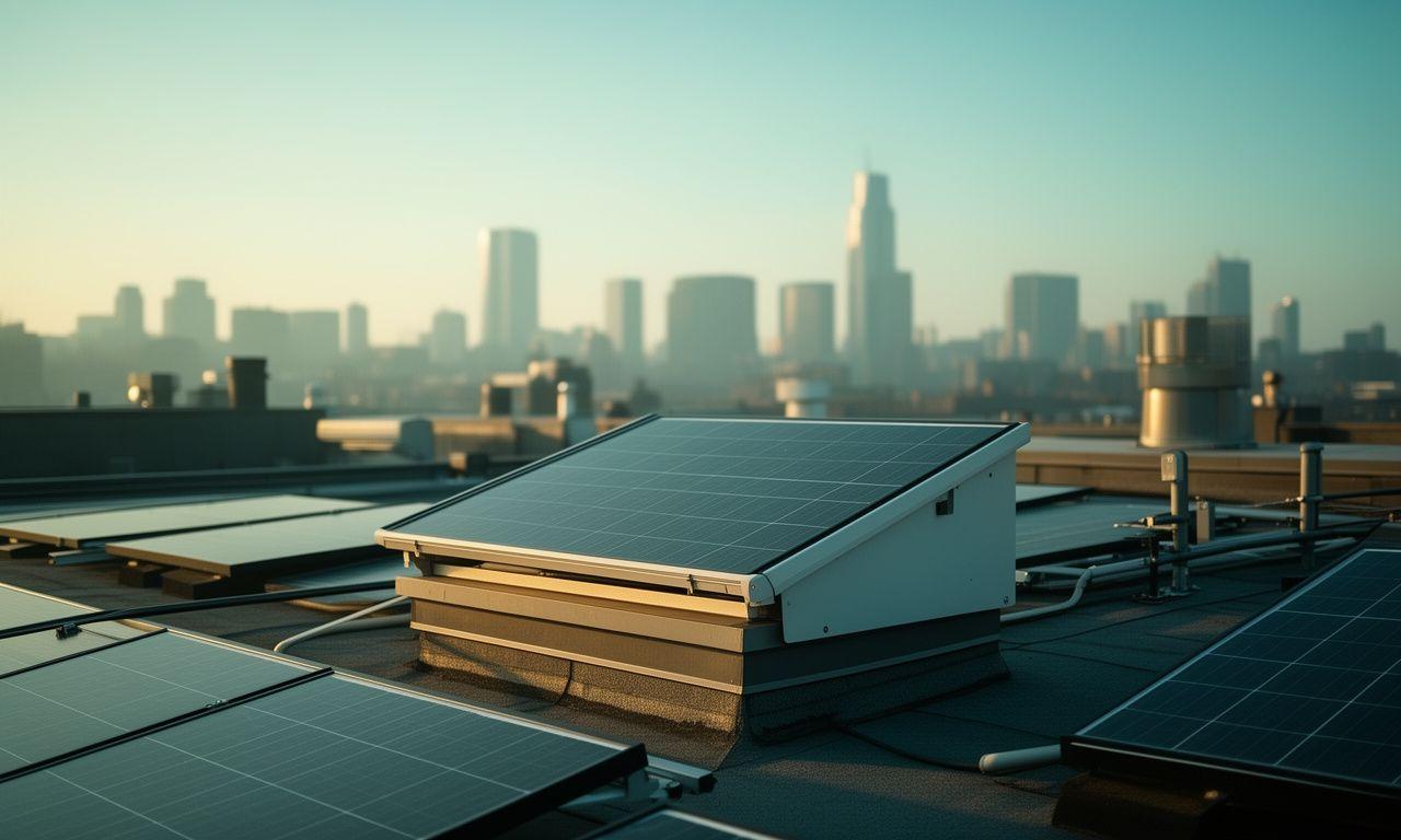 Intelligentes Solarsteuerungsmodul auf einem Zürcher Gewerbedach bei klarer Morgenstimmung