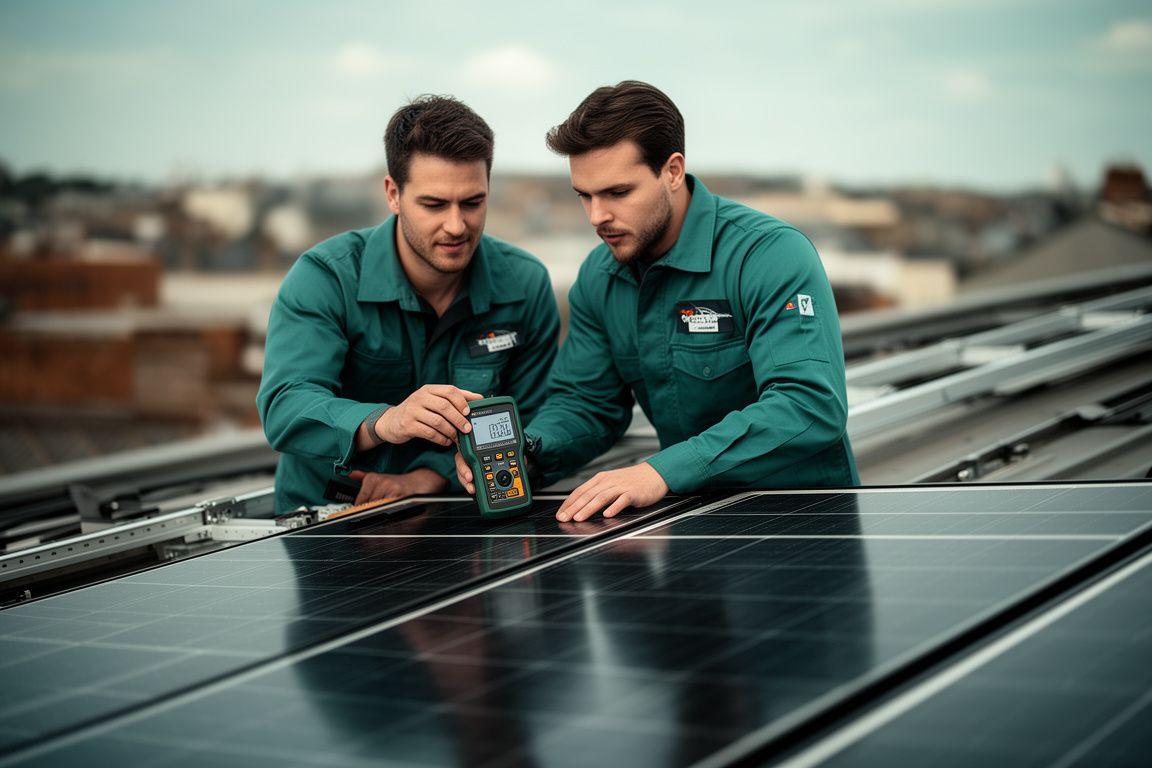 Technikerin prüft Solarmodule auf einem Zürich Hausdach mit digitalem Messgerät