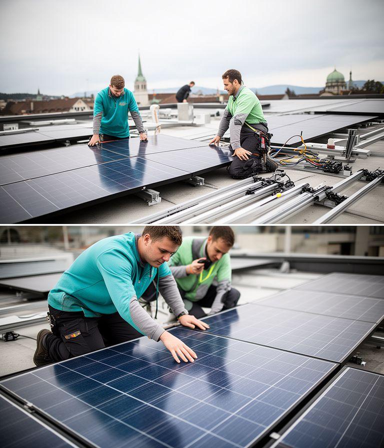 Montageteam auf einem Zürcher Flachdach bei der Installation moderner Solarmodule