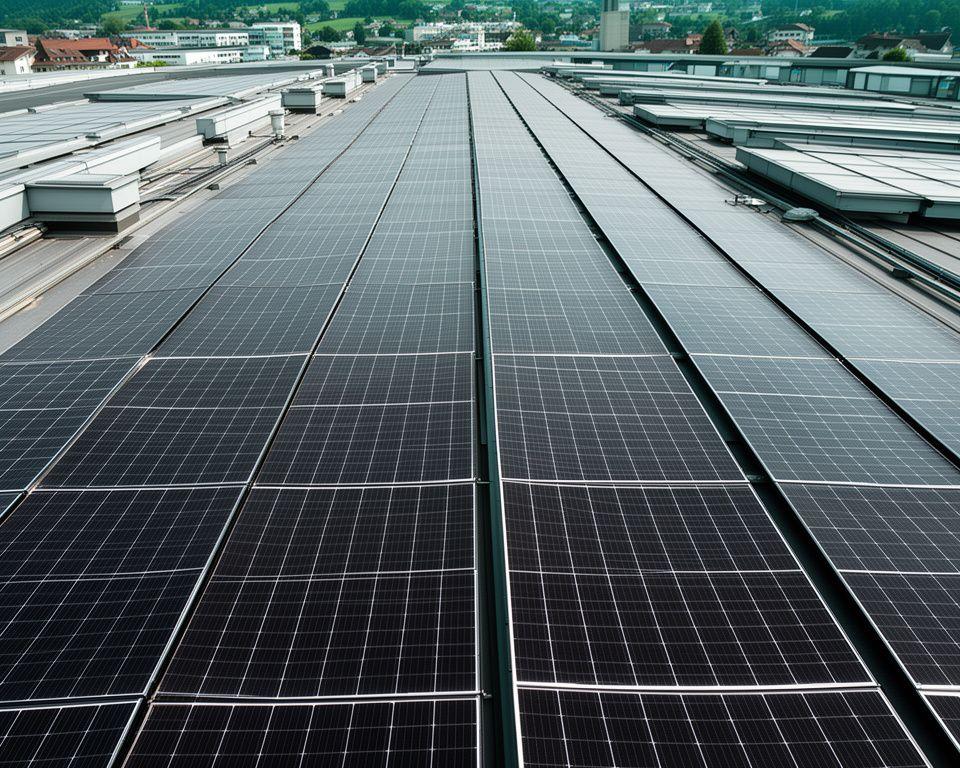 Grosses Gewerbedach in Altstetten mit reihenweise installierten Solarmodulen
