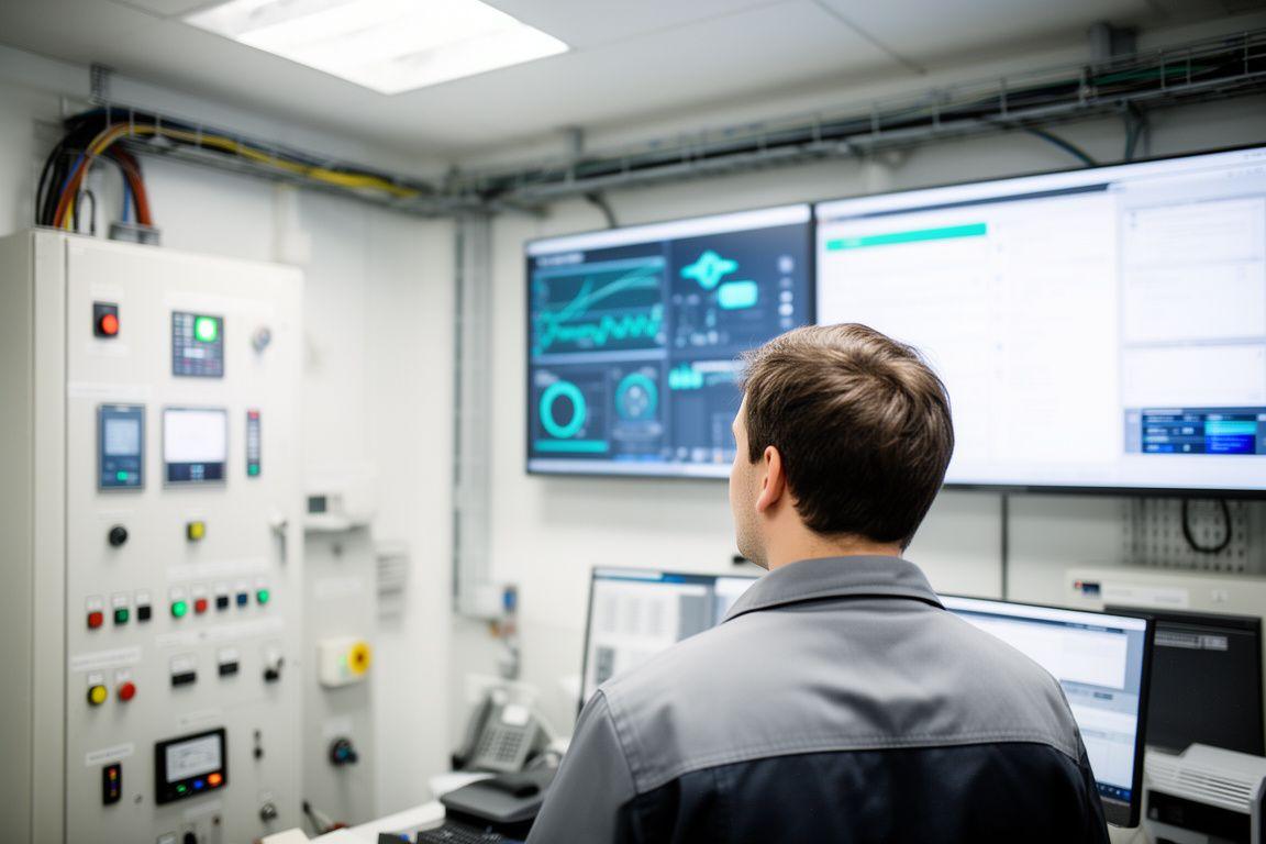 Technikerin beobachtet Solar-Dashboard mit Live-Daten, Prognosen und Lastverschiebung in einem hellen Kontrollraum