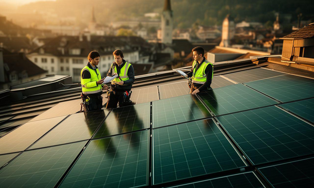 Solarfachteam prüft eine moderne Dachanlage in Zürich bei warmem Abendlicht