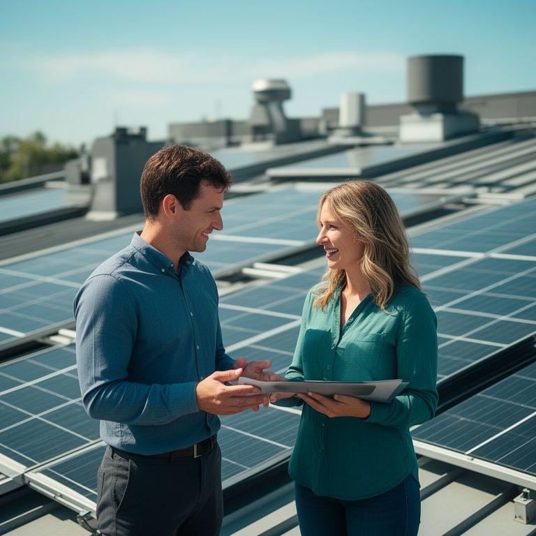 Solarberater und Hausbesitzer stehen gemeinsam auf einem Dach und besprechen eine Referenzanlage