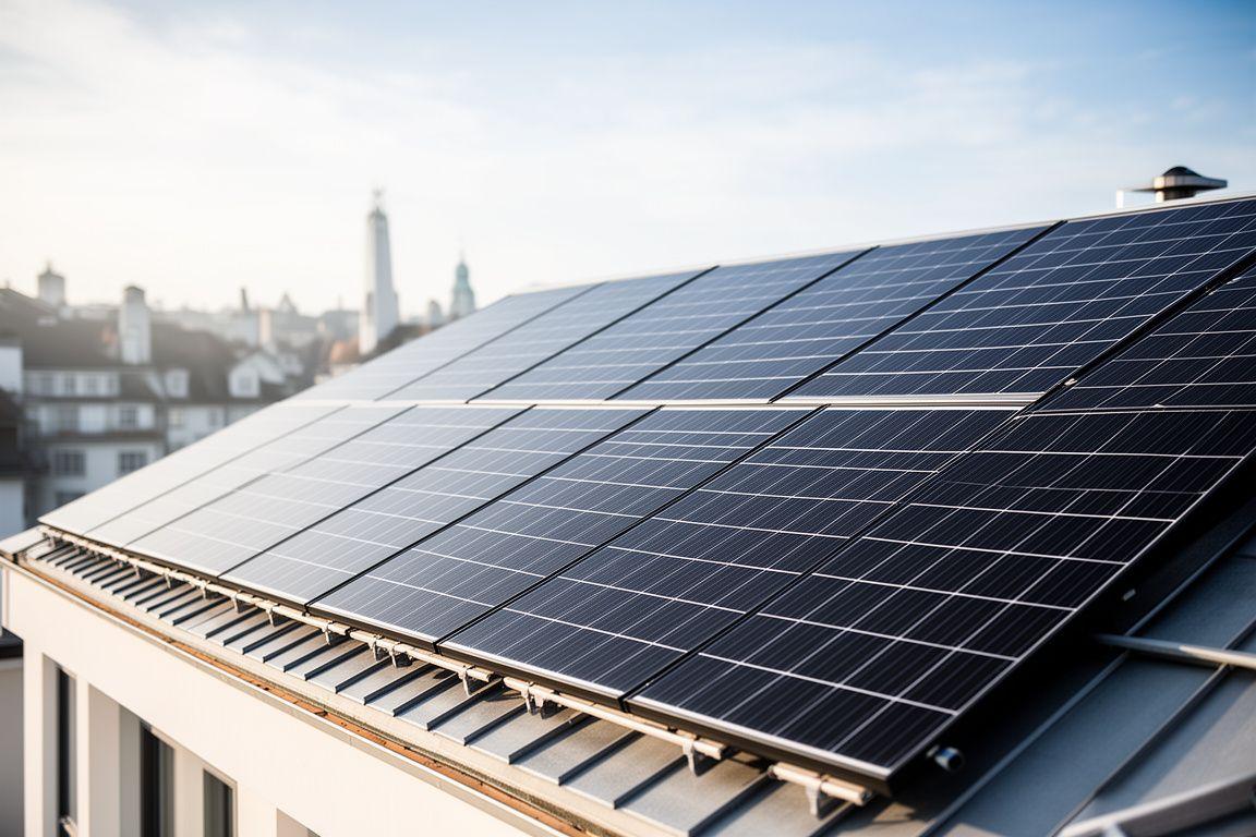 Solaranlage auf einem Zürcher Dach mit heller Morgenstimmung und sauberer Architektur