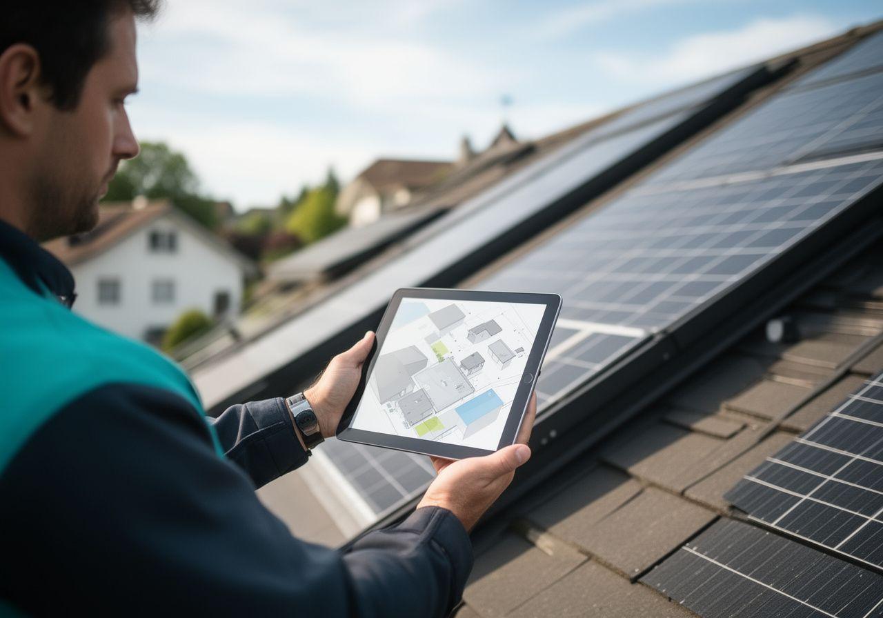 Solarberater analysiert ein Zürcher Einfamilienhaus mit Tablet und Dachplänen bei natürlichem Tageslicht