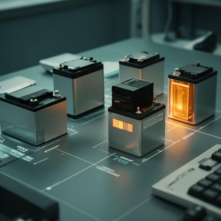 Vergleich verschiedener Batteriespeicher mit Diagrammen und technischen Daten auf einem Schreibtisch
