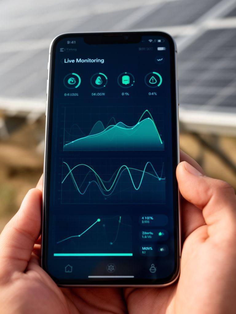 Smartphone zeigt Live-Daten einer Solaranlage mit Ertragskurve und Alarmhinweisen
