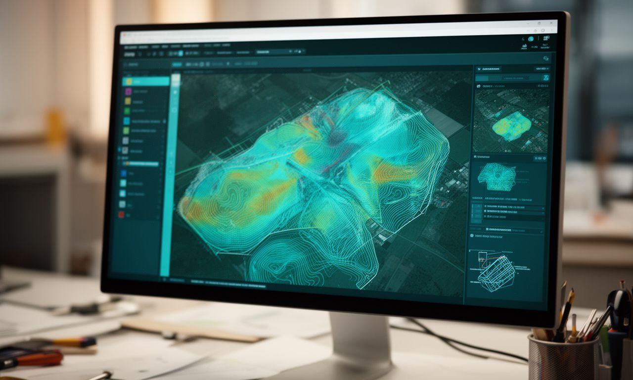 Dachsimulation mit Satellitendaten und Ertragskarten auf einem Planungsbildschirm im Büro